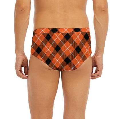 Orange Black And White Plaid Print Men's Briefs