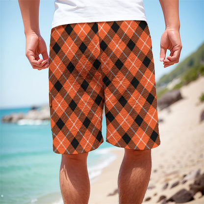 Orange Black And White Plaid Print Men's Cargo Shorts