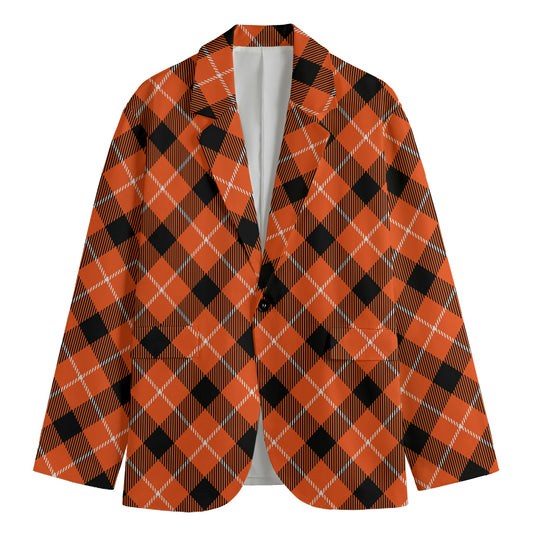 Orange Black And White Plaid Print Men's Cotton Blazer