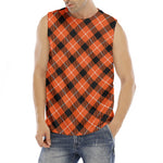 Orange Black And White Plaid Print Men's Fitness Tank Top