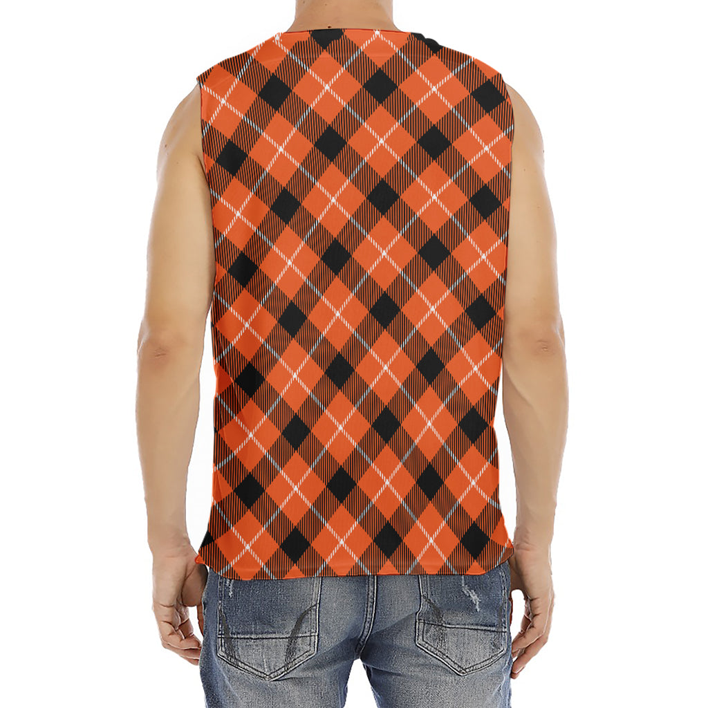 Orange Black And White Plaid Print Men's Fitness Tank Top