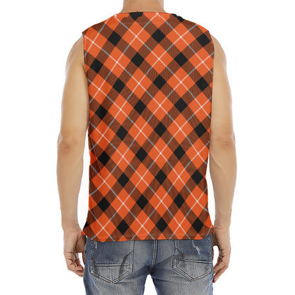 Orange Black And White Plaid Print Men's Fitness Tank Top