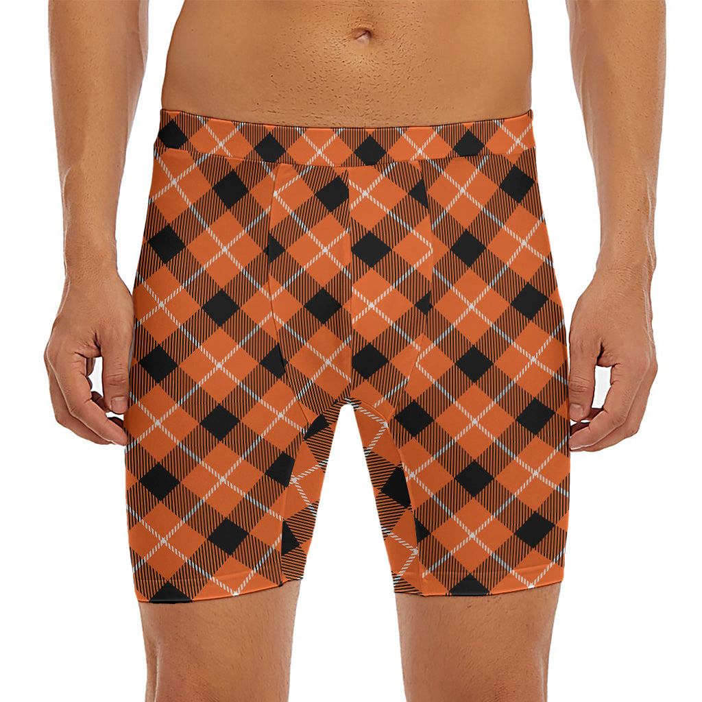 Orange Black And White Plaid Print Men's Long Boxer Briefs