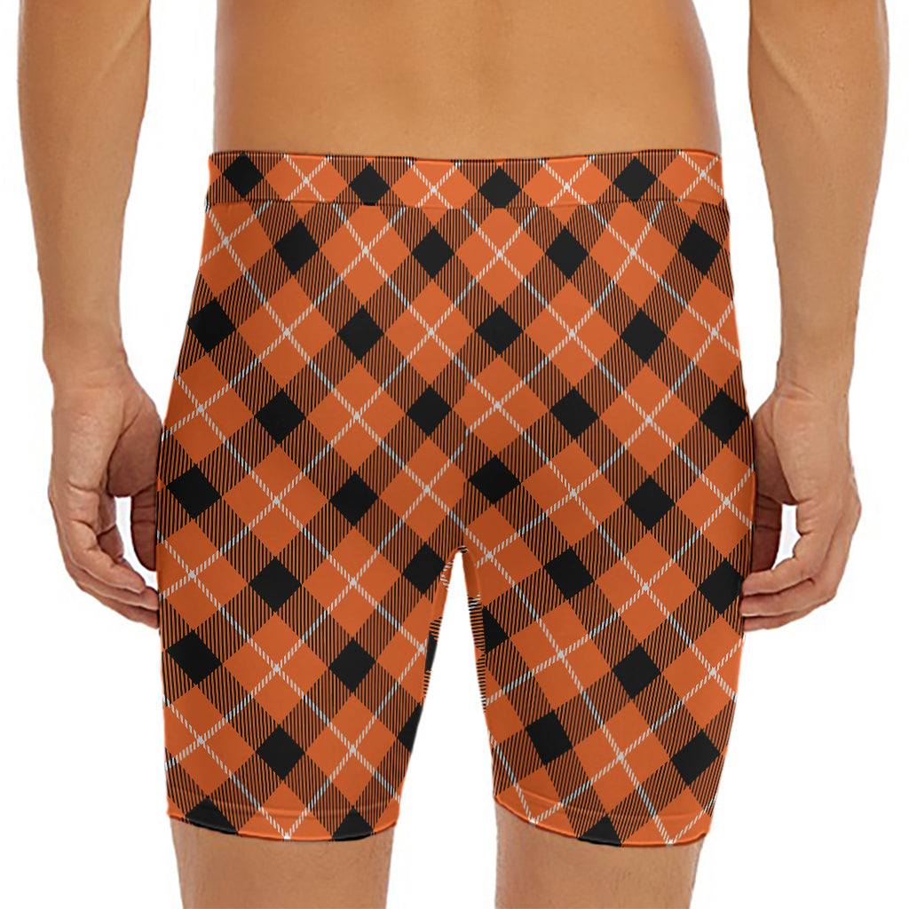 Orange Black And White Plaid Print Men's Long Boxer Briefs
