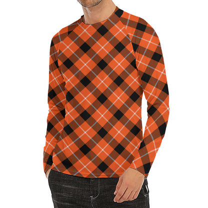 Orange Black And White Plaid Print Men's Long Sleeve Rash Guard