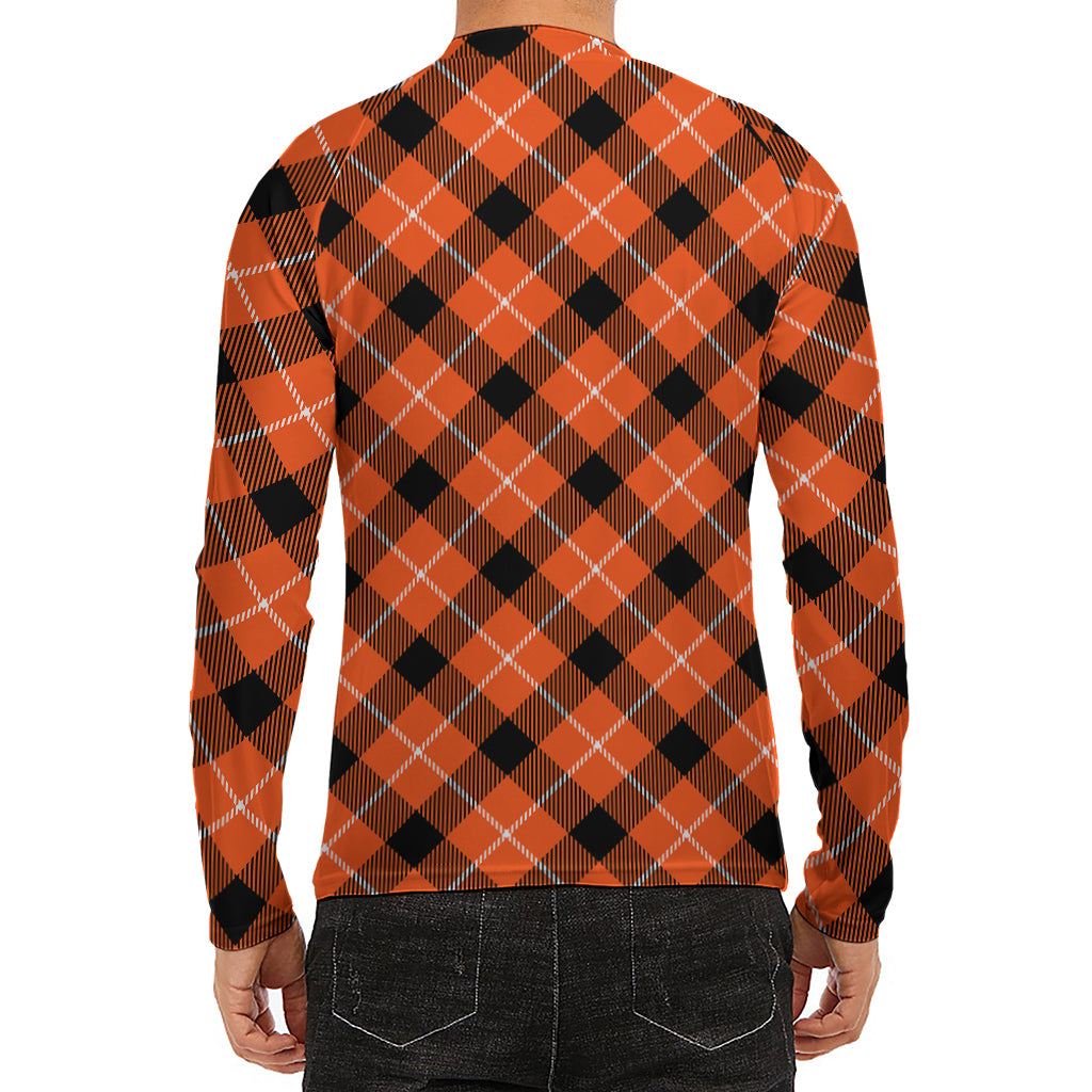 Orange Black And White Plaid Print Men's Long Sleeve Rash Guard