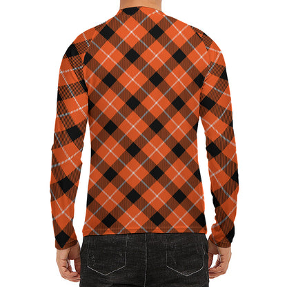 Orange Black And White Plaid Print Men's Long Sleeve Rash Guard