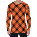 Orange Black And White Plaid Print Men's Long Sleeve T-Shirt