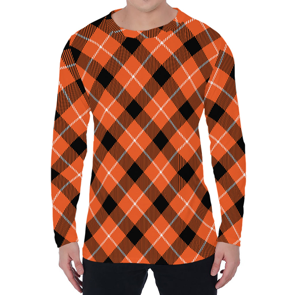 Orange Black And White Plaid Print Men's Long Sleeve T-Shirt