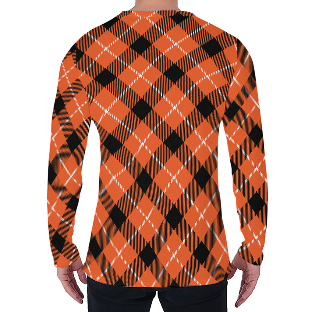Orange Black And White Plaid Print Men's Long Sleeve T-Shirt