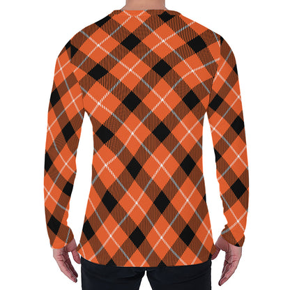 Orange Black And White Plaid Print Men's Long Sleeve T-Shirt