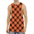 Orange Black And White Plaid Print Men's Muscle Tank Top