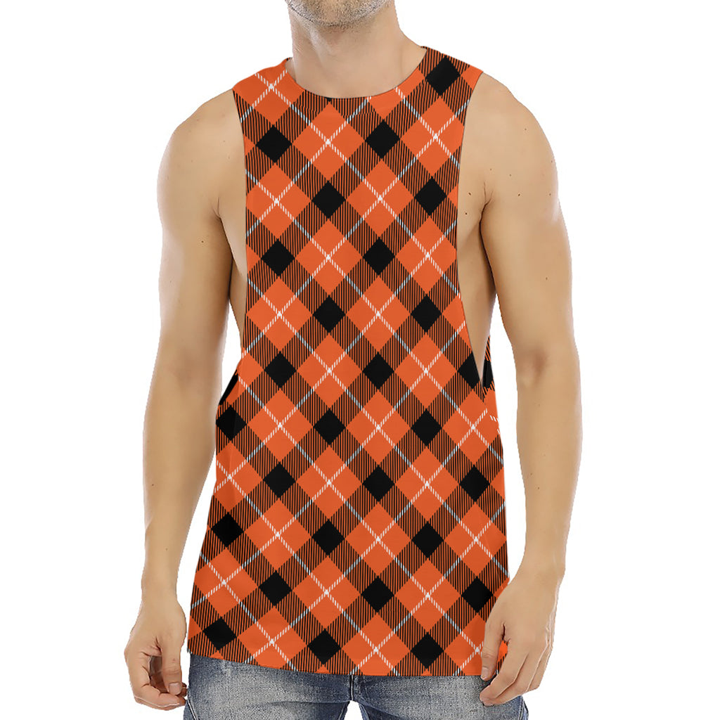 Orange Black And White Plaid Print Men's Muscle Tank Top