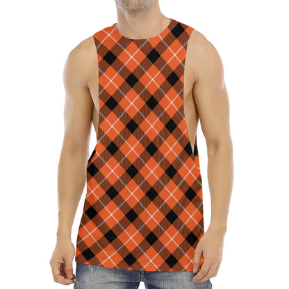 Orange Black And White Plaid Print Men's Muscle Tank Top