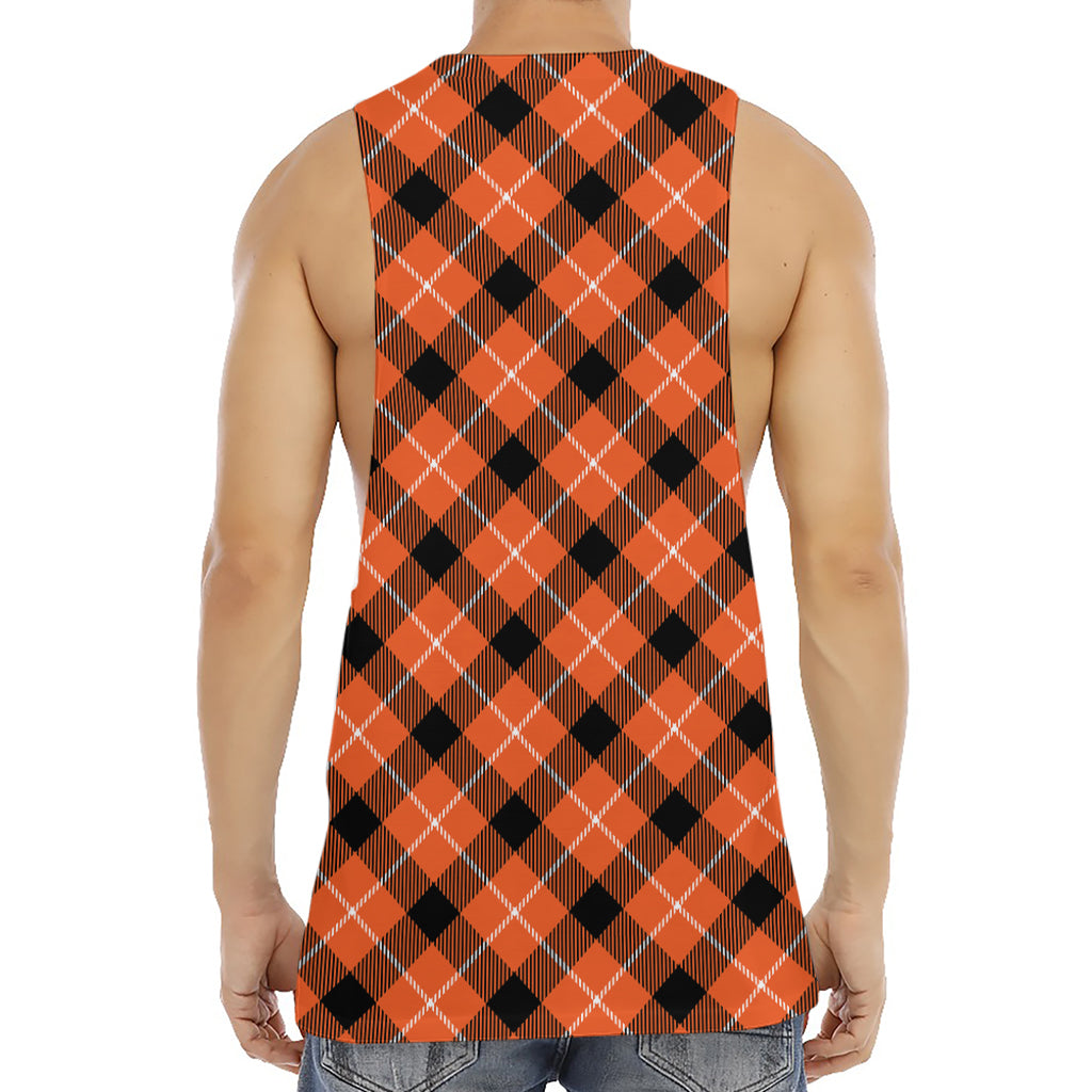 Orange Black And White Plaid Print Men's Muscle Tank Top