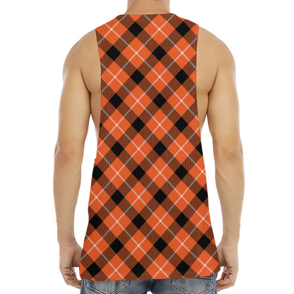 Orange Black And White Plaid Print Men's Muscle Tank Top