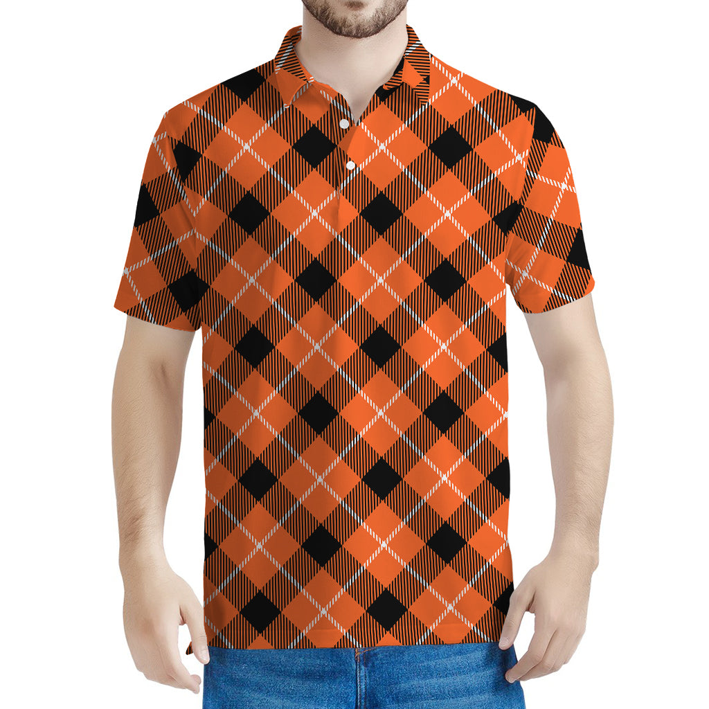 Orange Black And White Plaid Print Men's Polo Shirt