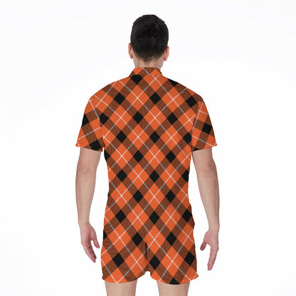Orange Black And White Plaid Print Men's Rompers