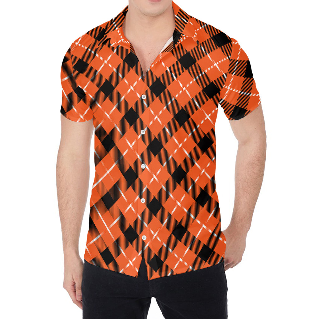 Orange Black And White Plaid Print Men's Shirt