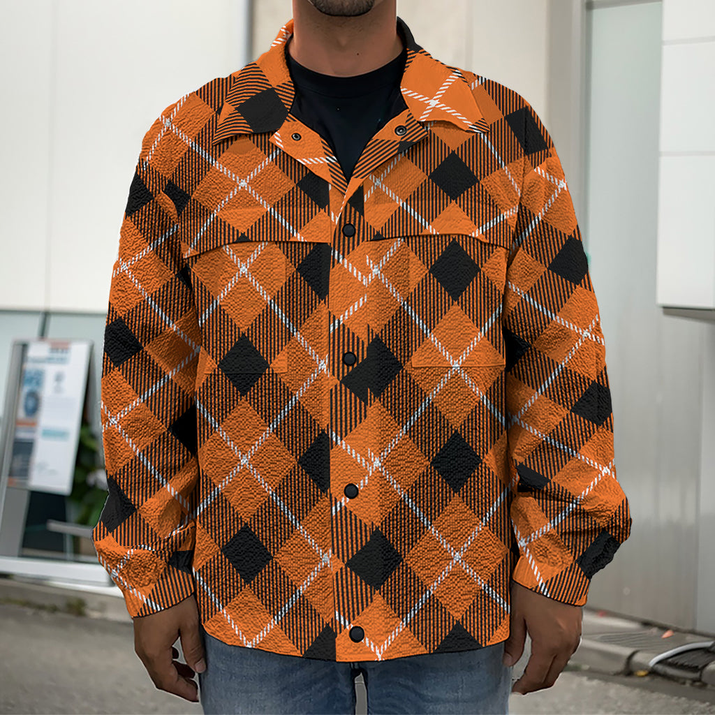 Orange Black And White Plaid Print Men's Shirt Jacket