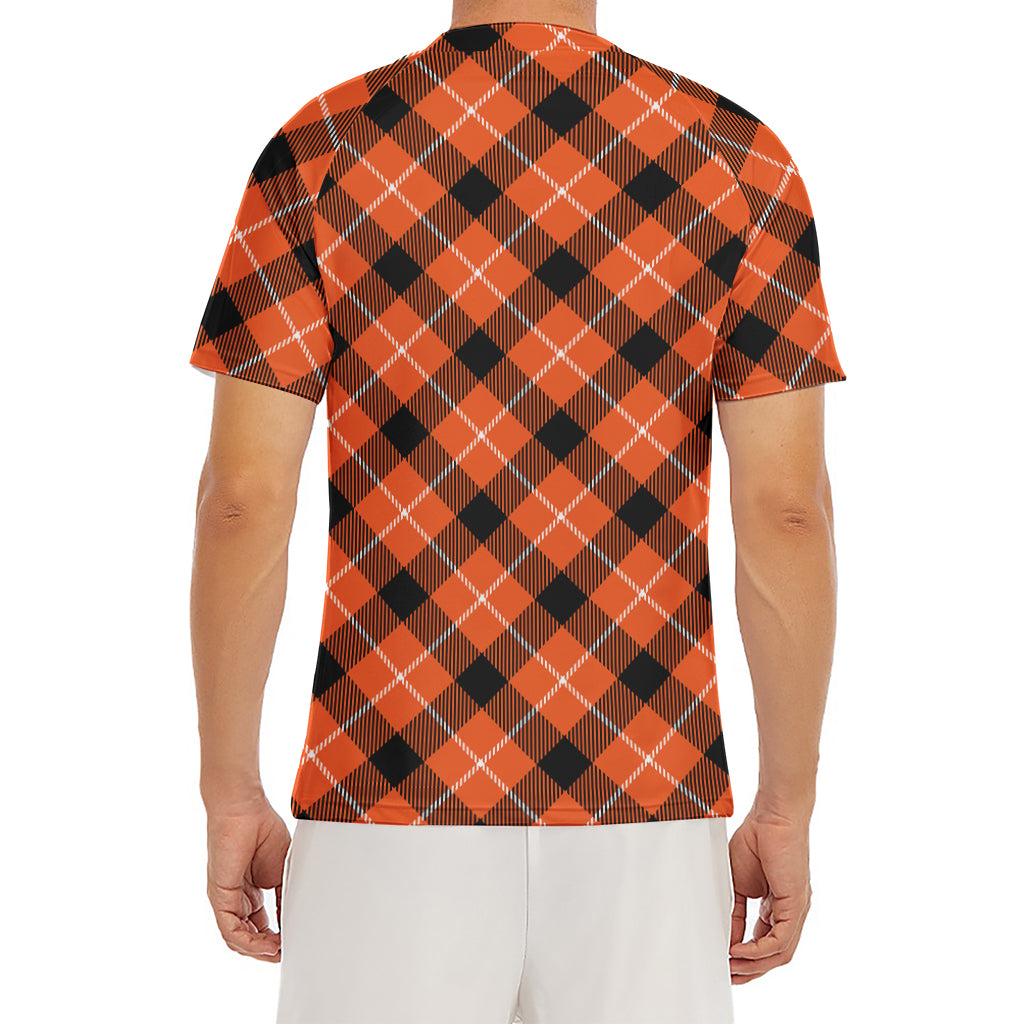 Orange Black And White Plaid Print Men's Short Sleeve Rash Guard