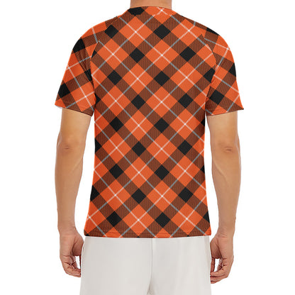 Orange Black And White Plaid Print Men's Short Sleeve Rash Guard
