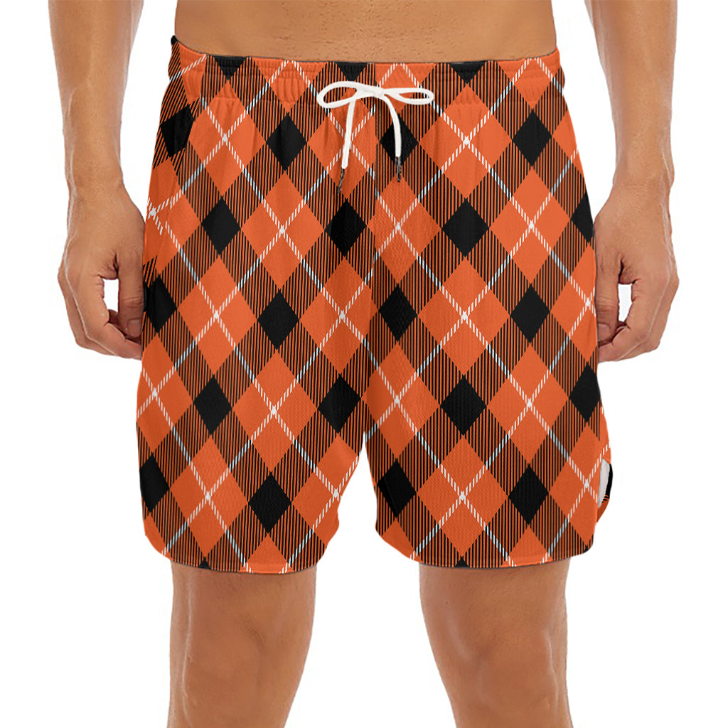 Orange Black And White Plaid Print Men's Split Running Shorts