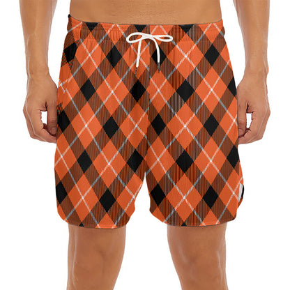 Orange Black And White Plaid Print Men's Split Running Shorts