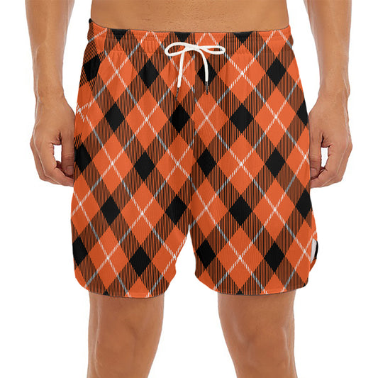 Orange Black And White Plaid Print Men's Split Running Shorts