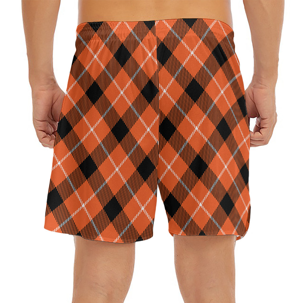 Orange Black And White Plaid Print Men's Split Running Shorts