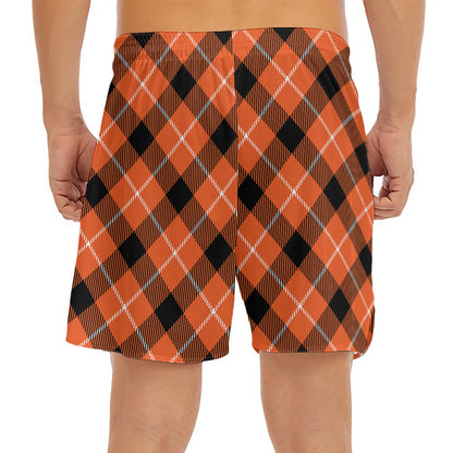 Orange Black And White Plaid Print Men's Split Running Shorts