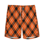 Orange Black And White Plaid Print Men's Sports Shorts