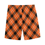 Orange Black And White Plaid Print Men's Sports Shorts
