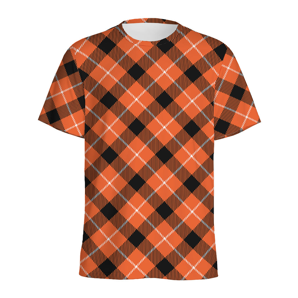 Orange Black And White Plaid Print Men's Sports T-Shirt