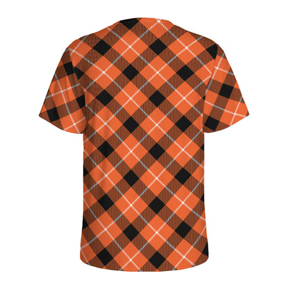 Orange Black And White Plaid Print Men's Sports T-Shirt