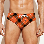 Orange Black And White Plaid Print Men's Swim Briefs