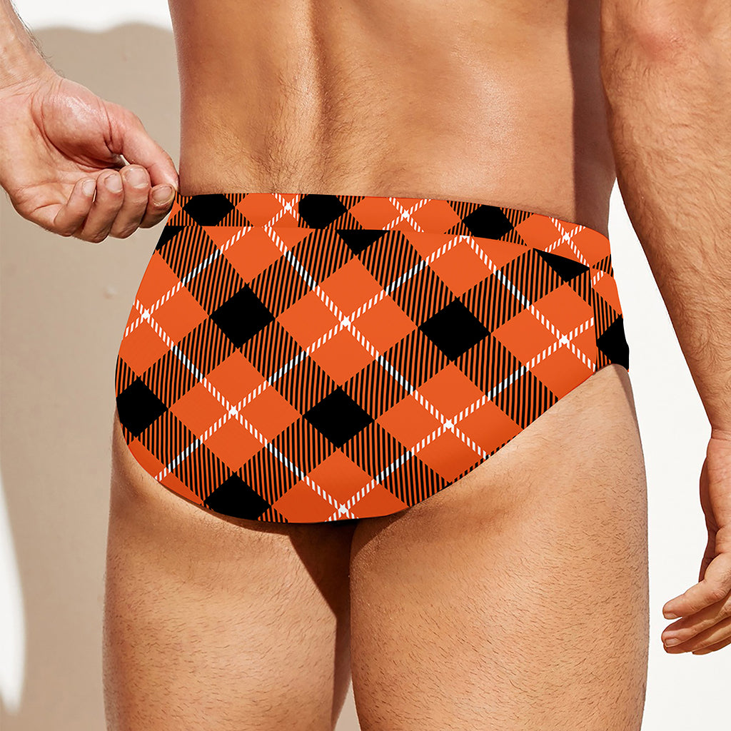 Orange Black And White Plaid Print Men's Swim Briefs