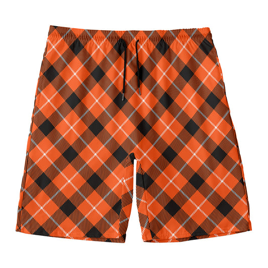Orange Black And White Plaid Print Men's Swim Trunks