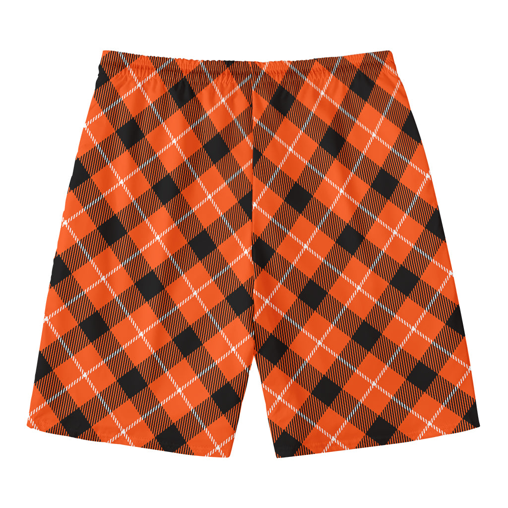 Orange Black And White Plaid Print Men's Swim Trunks