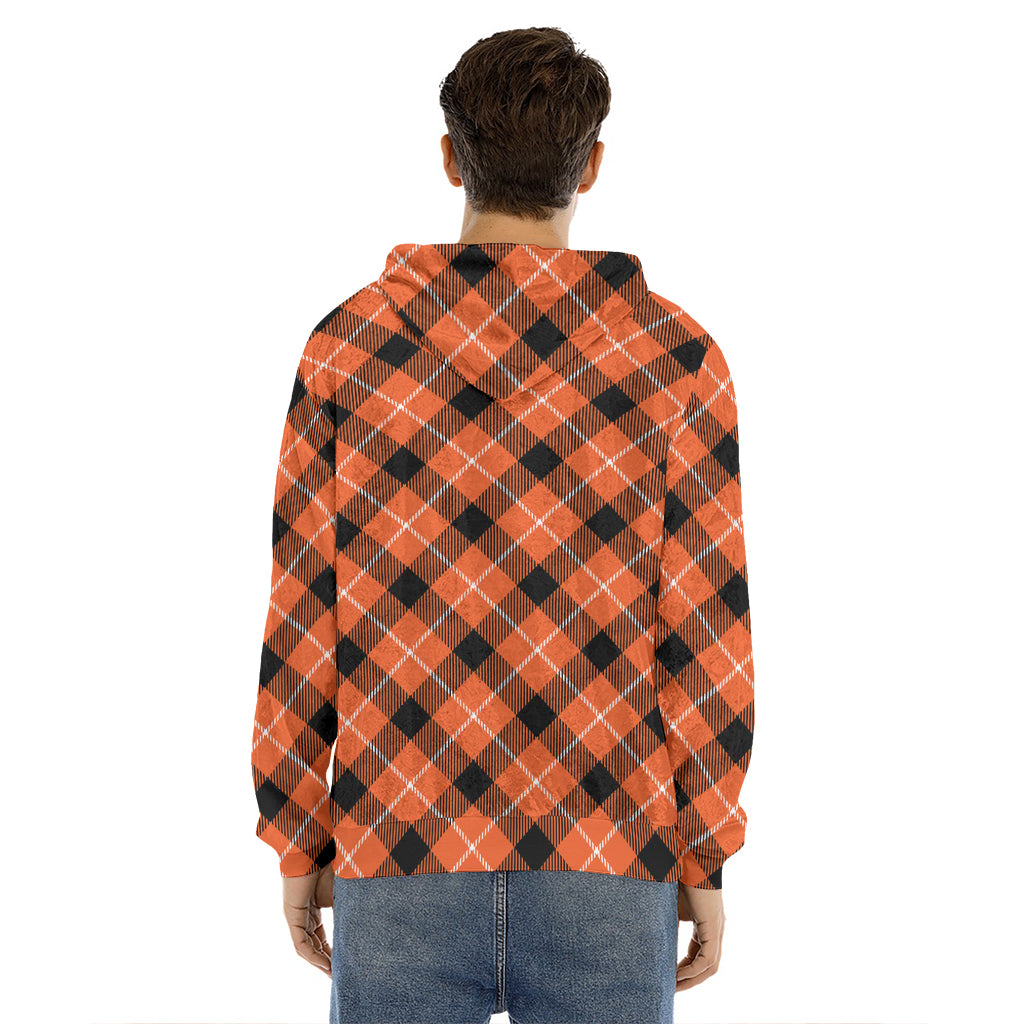 Orange Black And White Plaid Print Men's Velvet Pullover Hoodie