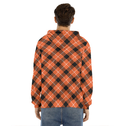 Orange Black And White Plaid Print Men's Velvet Pullover Hoodie