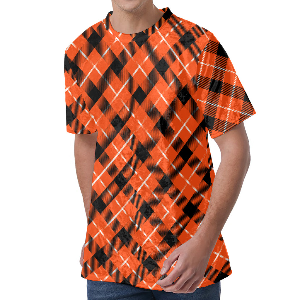 Orange Black And White Plaid Print Men's Velvet T-Shirt