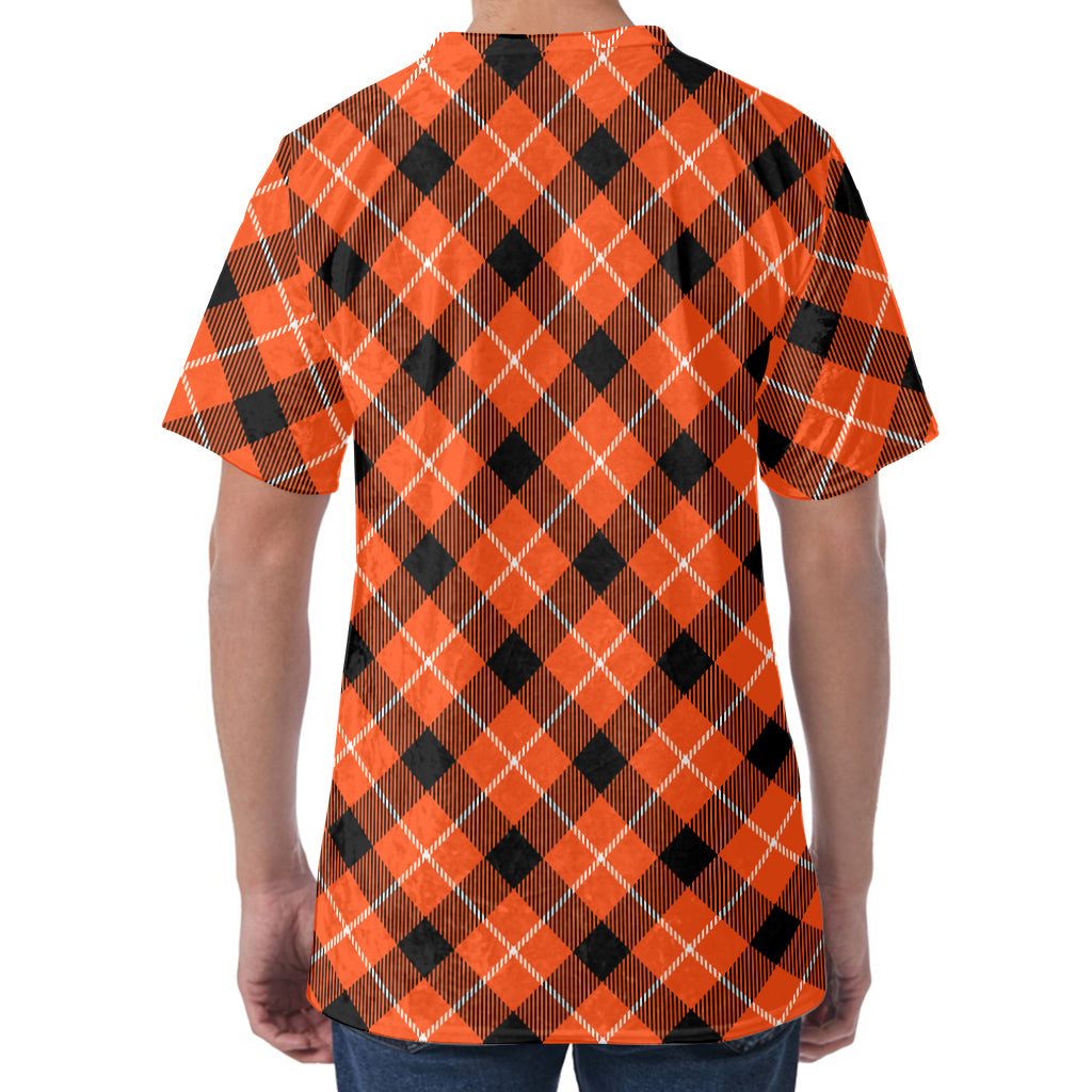 Orange Black And White Plaid Print Men's Velvet T-Shirt
