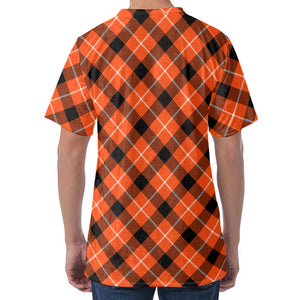 Orange Black And White Plaid Print Men's Velvet T-Shirt