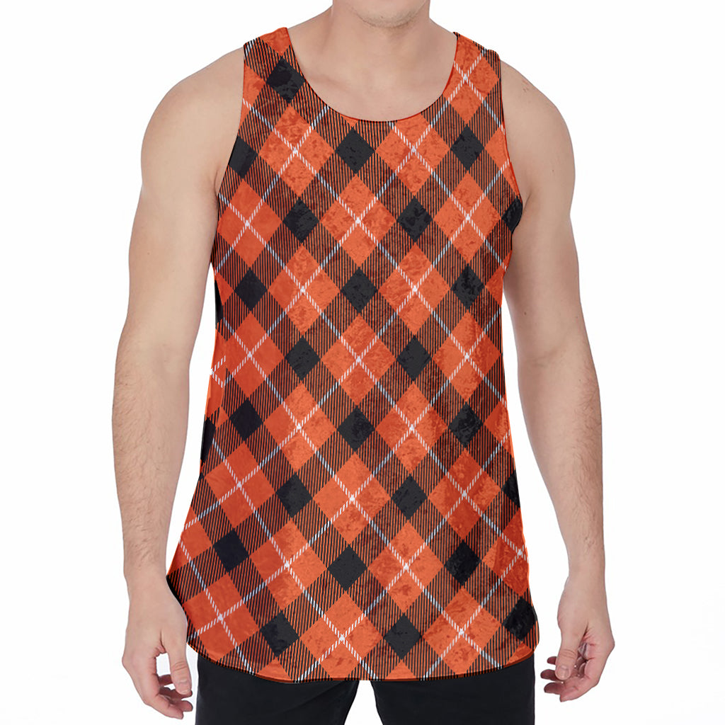 Orange Black And White Plaid Print Men's Velvet Tank Top
