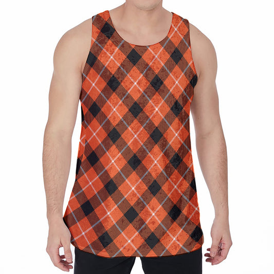 Orange Black And White Plaid Print Men's Velvet Tank Top