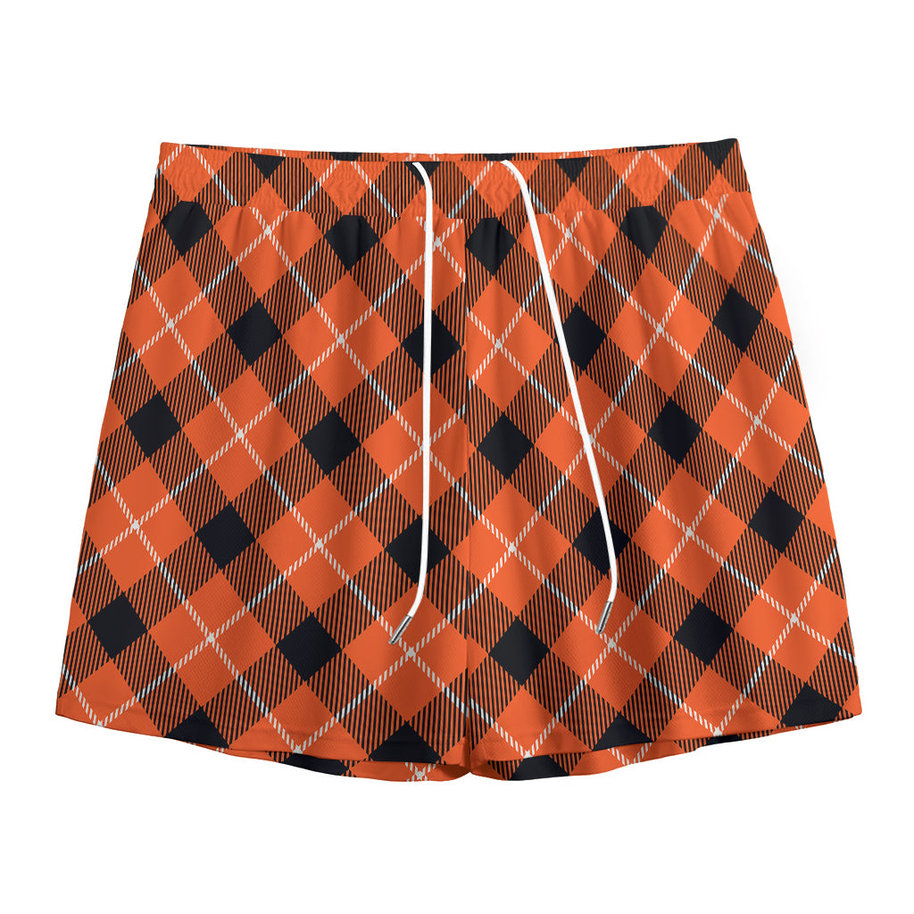 Orange Black And White Plaid Print Mesh Shorts