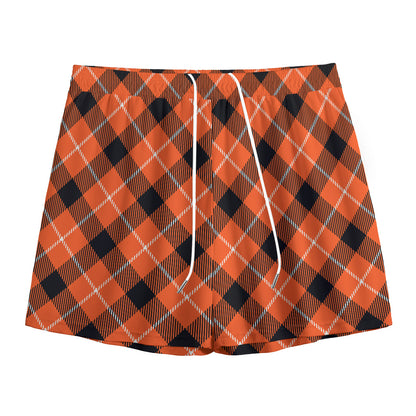 Orange Black And White Plaid Print Mesh Shorts