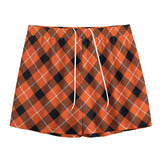Orange Black And White Plaid Print Mesh Shorts
