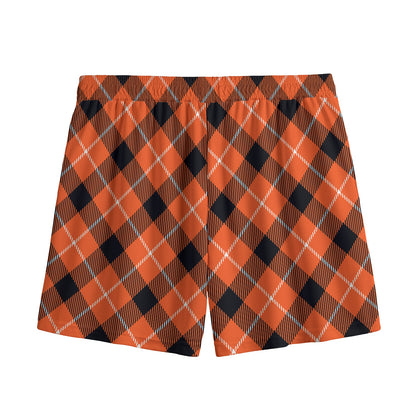 Orange Black And White Plaid Print Mesh Shorts
